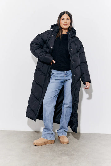 Black Hooded Longline Popper Puffer Coat